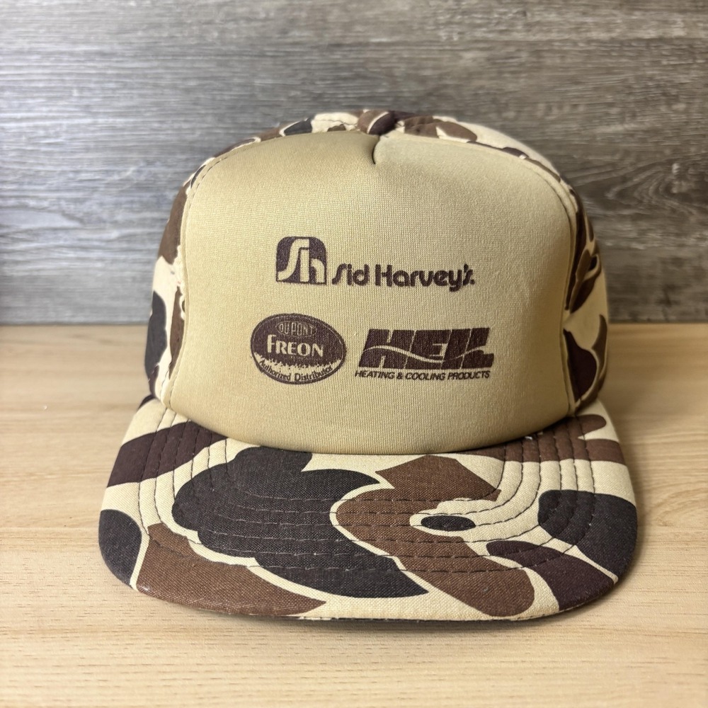 Vintage Sid Harvey's Hat Cap Snap Back Camouflage Promo Trucker Mens 80s HVAC